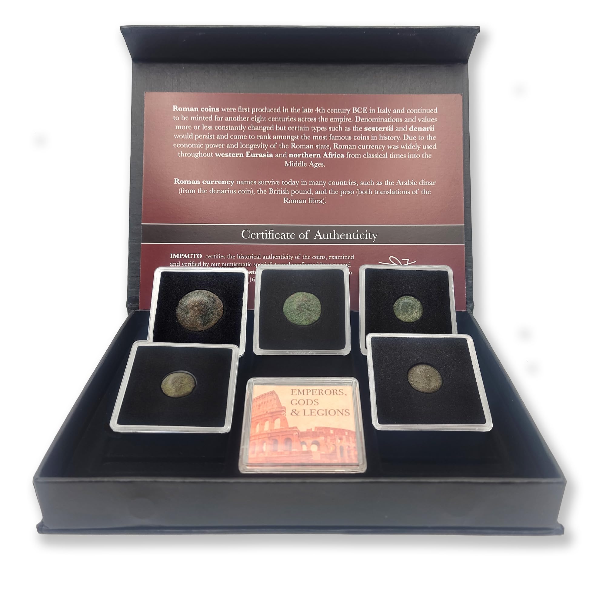 IMPACTO COLECCIONABLES Collector's Edition Box of Certified Authentic Roman Coins – 5 Encapsulated Coins of Emperors, Legions, and Gods: The History of The Empire in Your Hands