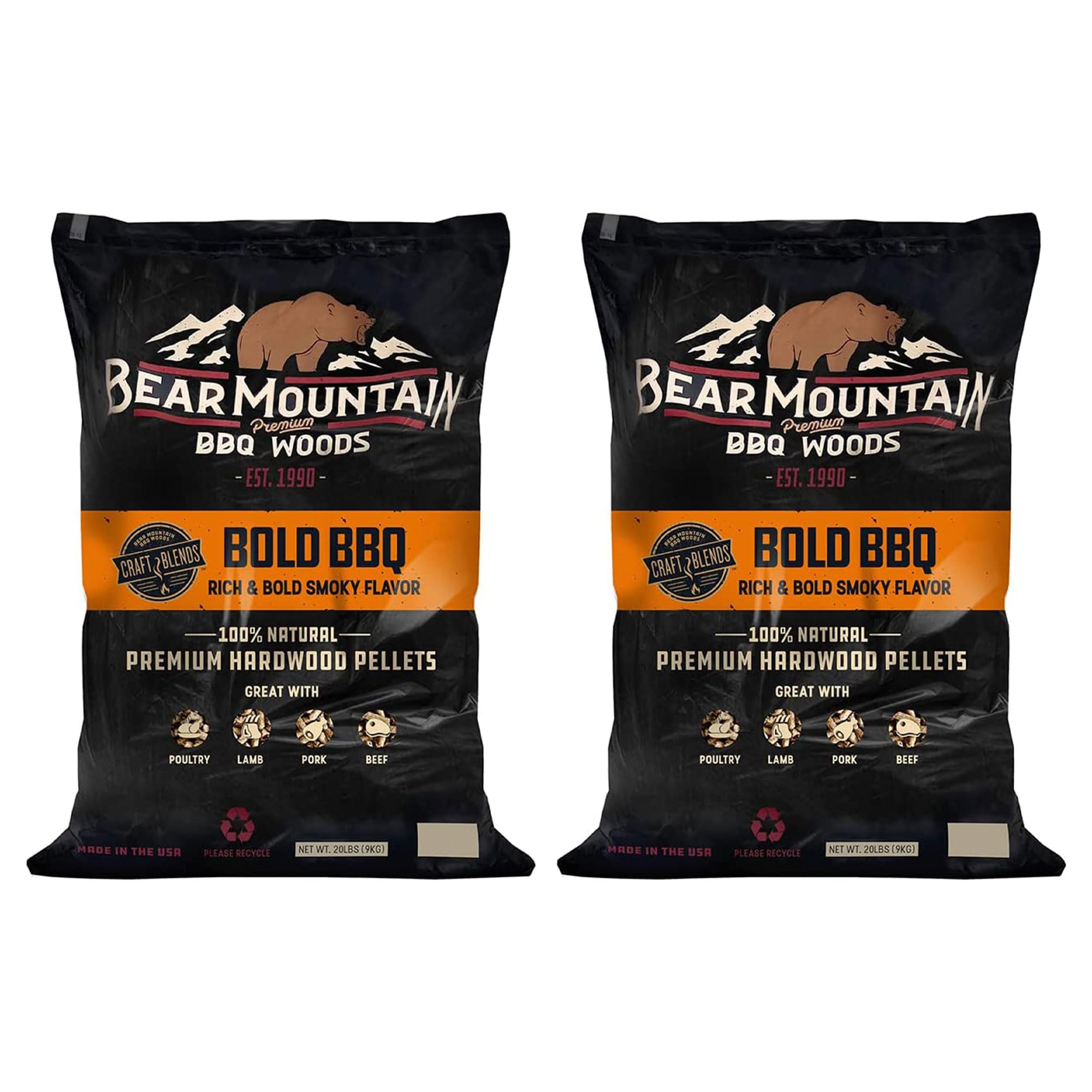 Bear Mountain 2 Pack All Natural Wood Pellets for Smoker, Grill & BBQ, 20 Lbs, Bold