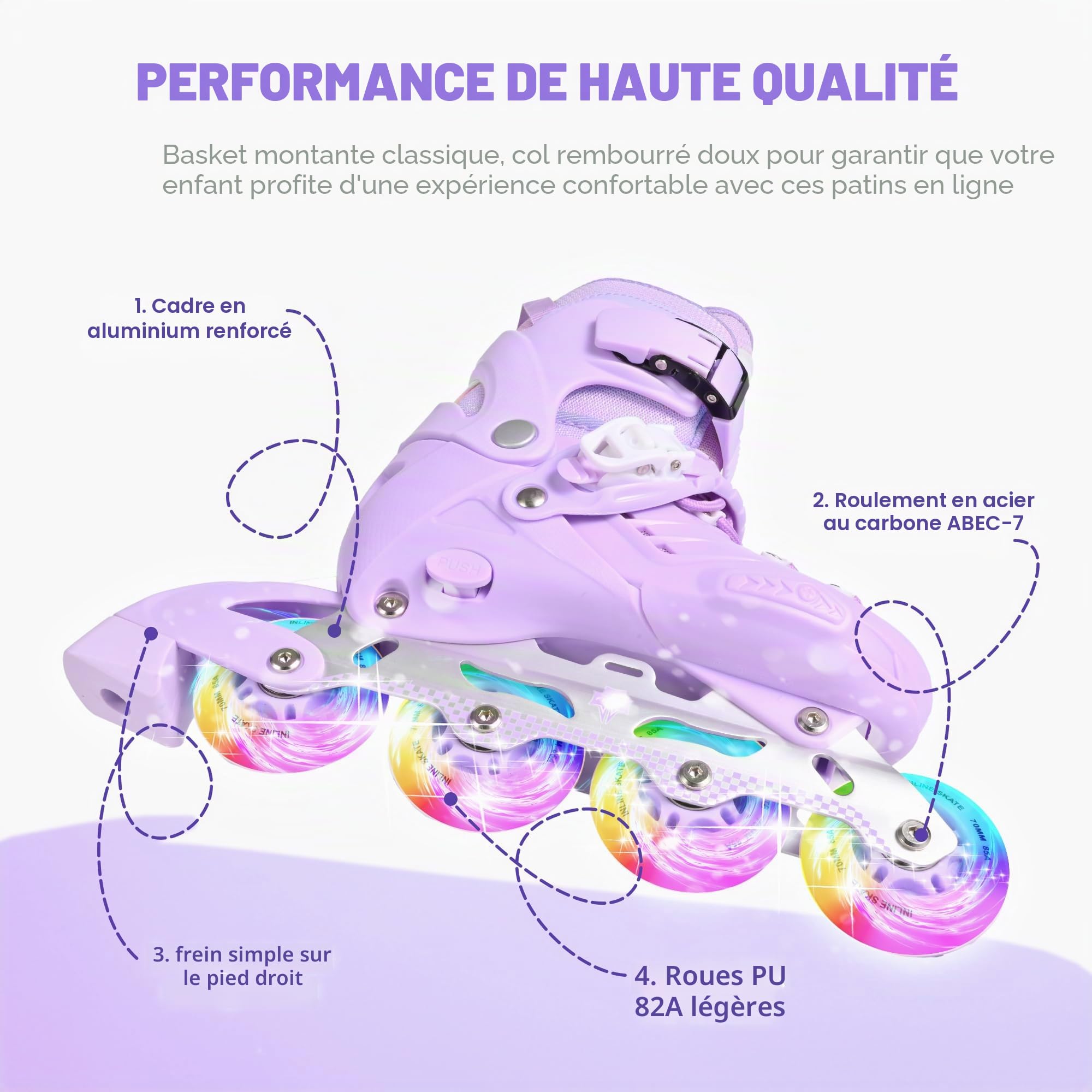 Patins à Roues en Ligne pour Enfants Débutants Réglables Filles Garçons Intérieur Extérieur
