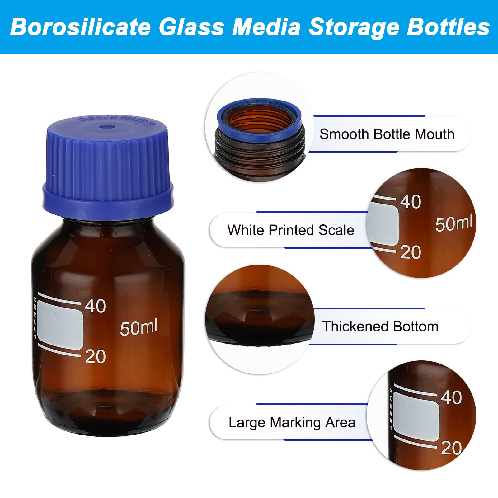 PATIKIL Confezione da 10 bottiglie rotonde per reagenti, in vetro borosilicato da 50 ml, graduate, con tappo a vite GL32 blu, per liquidi reagenti d'acqua di laboratorio, ambra