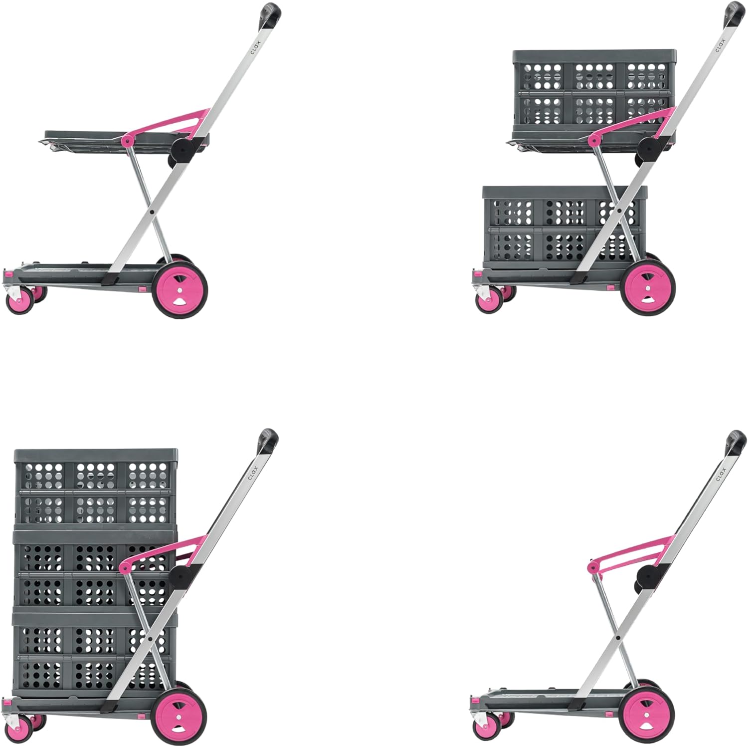 CLAX® The Original | Made in Germany | Multi Use Functional Collapsible Carts | Mobile Folding Trolley | Storage Cart Wagon | Shopping Cart with 2 Storage Crates (Pink)