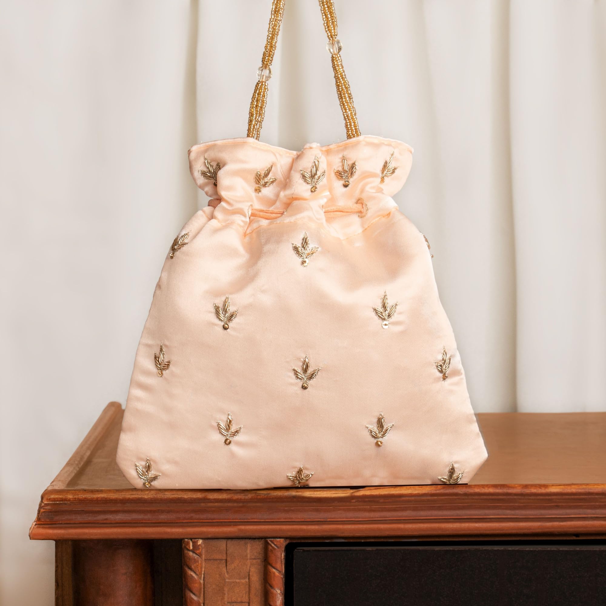 Amayra Luxe Handcrafted Embroidered Wedding Potli Bag with Elephant & Peacock Motifs β Drawstring Ethnic Purse for Women (Gold & Multicolor) 2