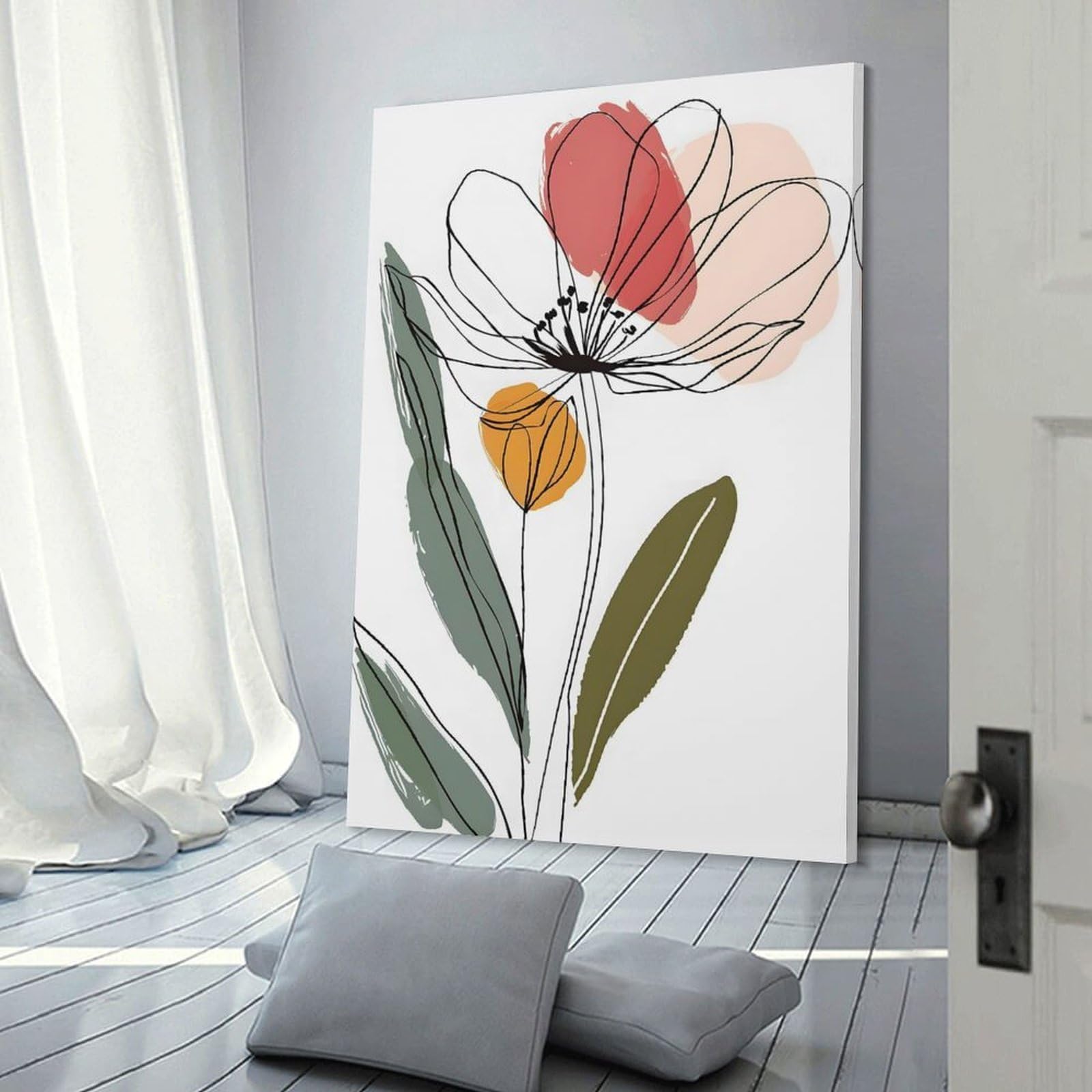 Junmoney Abstract Floral Line Art Canvas Wall Decor 12x18inch(30x45cm), for Calm Bedrooms, Home Corners Or Flats, A Warm Accent for Relaxed Interiors