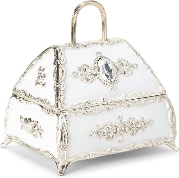 Splendid Pearl White Handbag Shaped Music Box/Jewelry Box Adorned with Sparkling Crystal Components Playing Music of The Night from Phantom of The Opera
