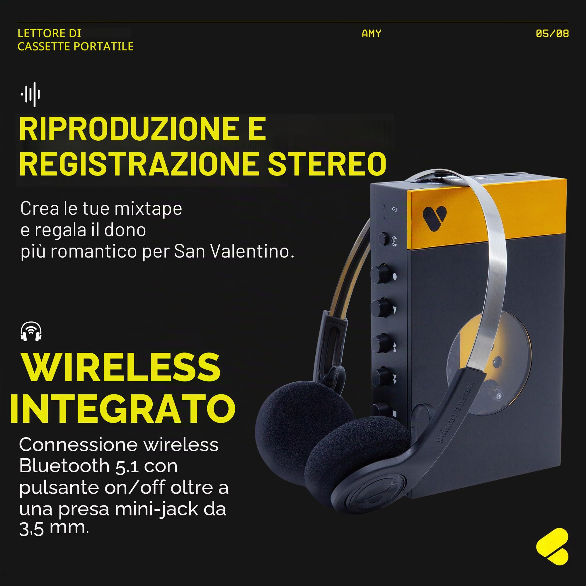 We are Rewind Lettore a cassette portatile Bluetooth, registratore con altoparlante, cuffie, cavo 3,5 mm - Amy Nero & Giallo