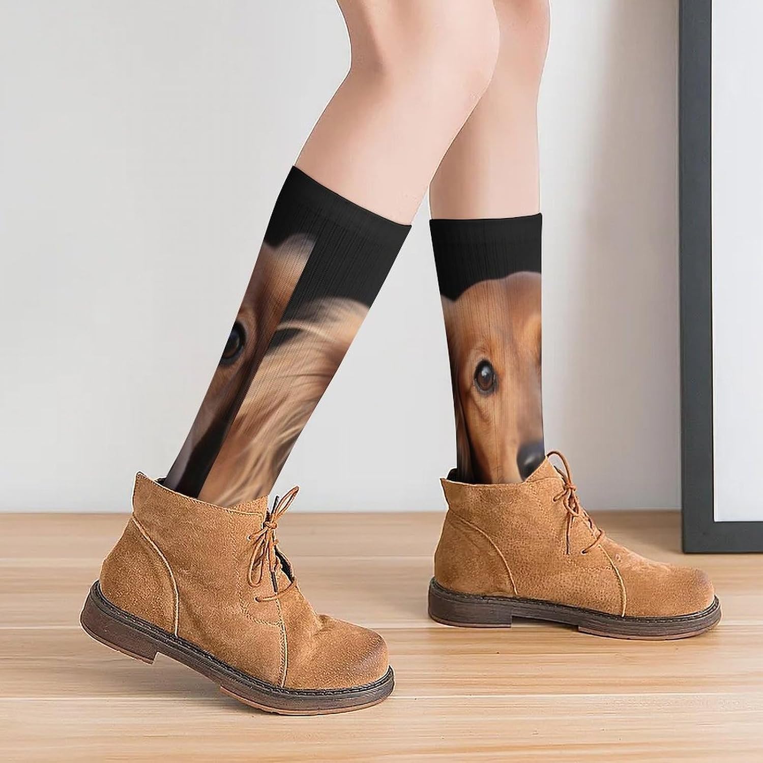Breathable Crew Sock, Moisture Wicking, Athletic Calf Socks, Cozy | Long Haired Dachshund Compression Socks for Women Men, Lightweight High Work Socks for Business, Casual