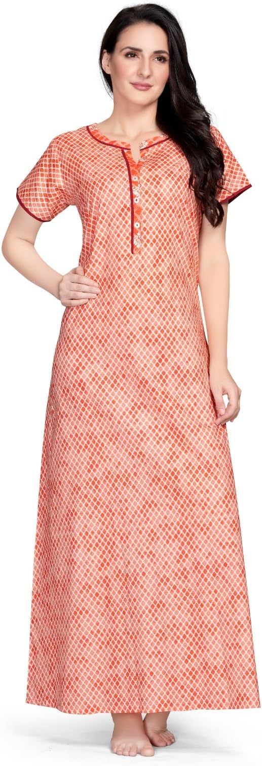 SakhiyaWomen's All-Over Printed Pure Cotton 60x60 Nighty with Pocket and with Aplic Work & Embroidery for Women's Nightwear Collection | Long Maxi | Super Soft Comfortable