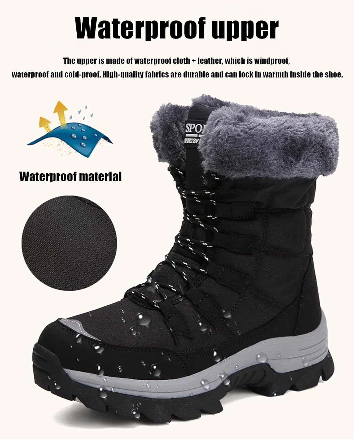Women's Snow Boots Winter Lace-Up Platform Snow Boots Warm Plush Lined Winter Boots Outdoor Non-Slip Mid Calf Boots (Black,8.5)
