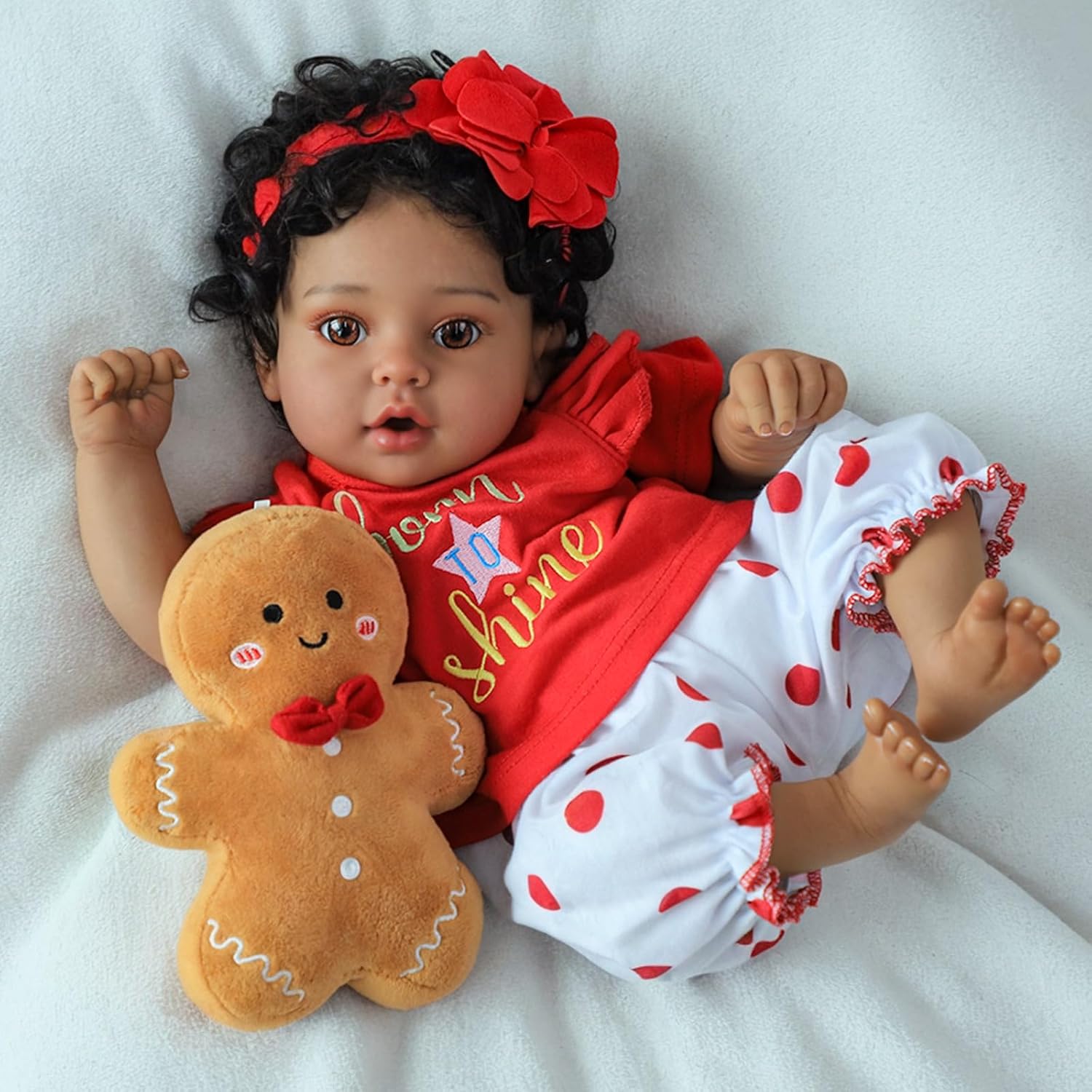 SCOM Reborn Baby Dolls Black Girl - 20 Inch African American Baby Dolls, Lifelike Soft Body Realistic with Open Eyes Red Suit Newborn Dolls Real Life Dolls Gift for Kids Age 3