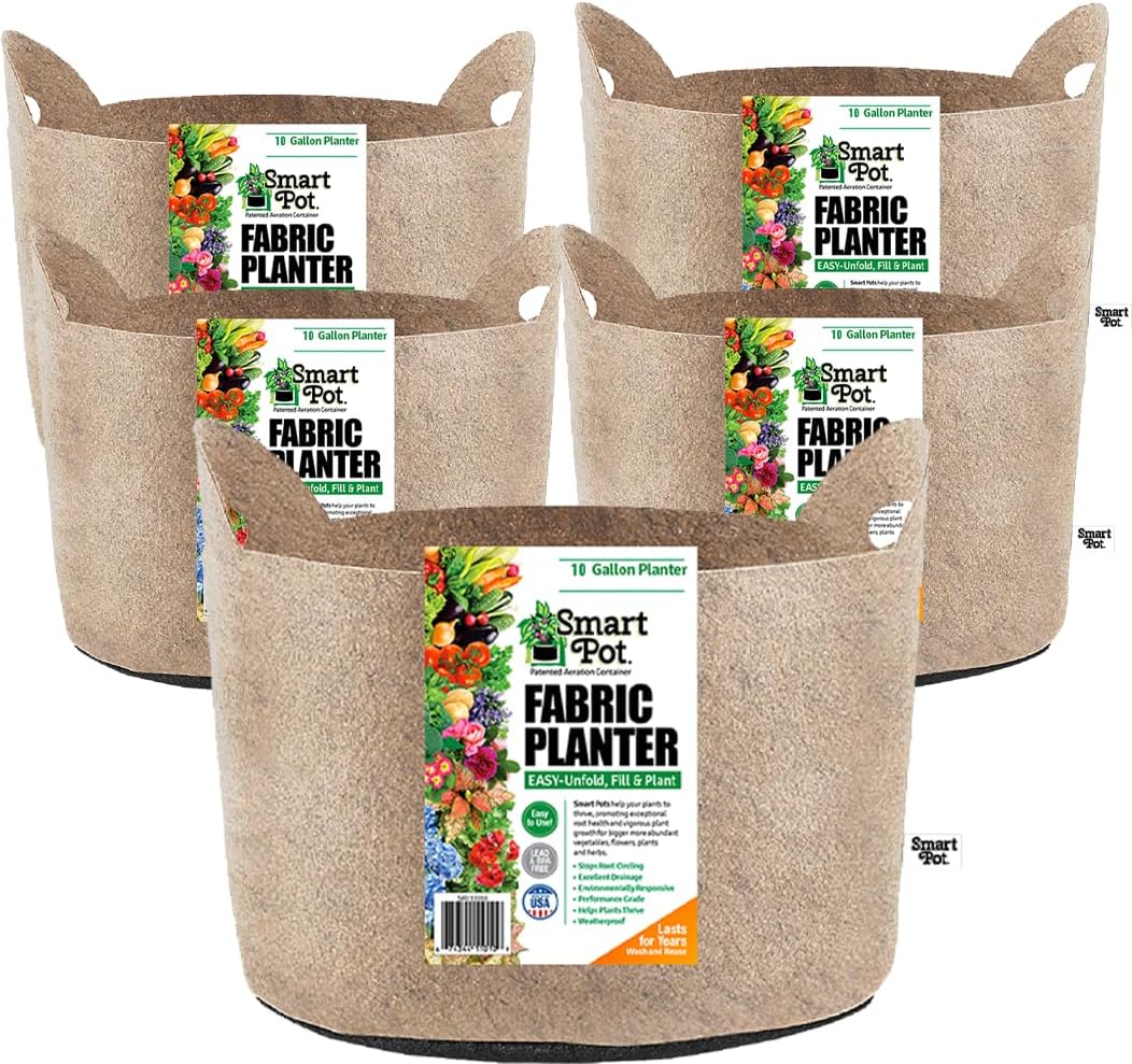 Smart Pot 5 Pack Soft-Sided Fabric Garden Plant Container Aeration Planter Pots (Tan, 10 Gallon with Cut Handles)