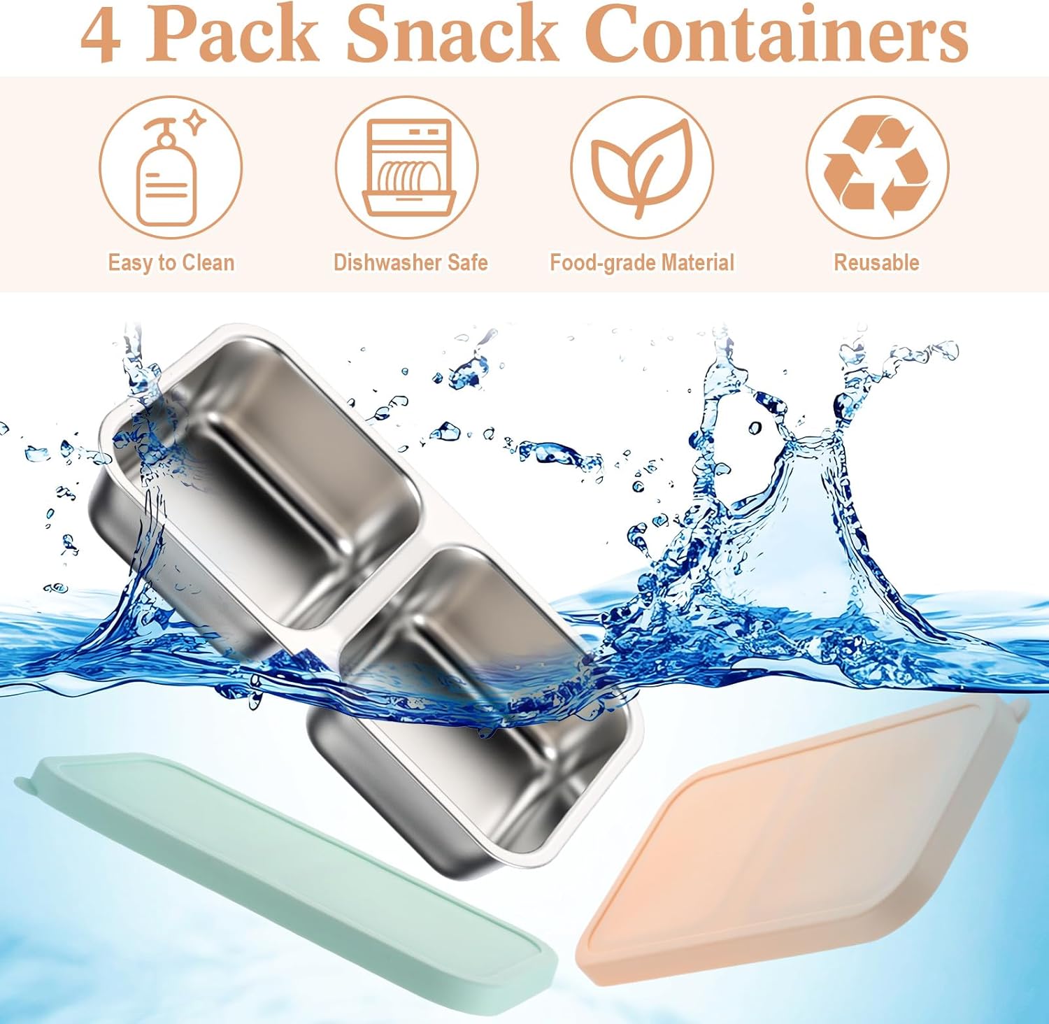 FoldTier 4 Pack 2-Compartment Stainless Steel Snack Containers Include 4 Silicone Lids and 4 Box Bodies Reusable Stackable Box for Adult Work, Travel & Camping 7.9 x 4.1 x 1.6 Inch (Morandi)