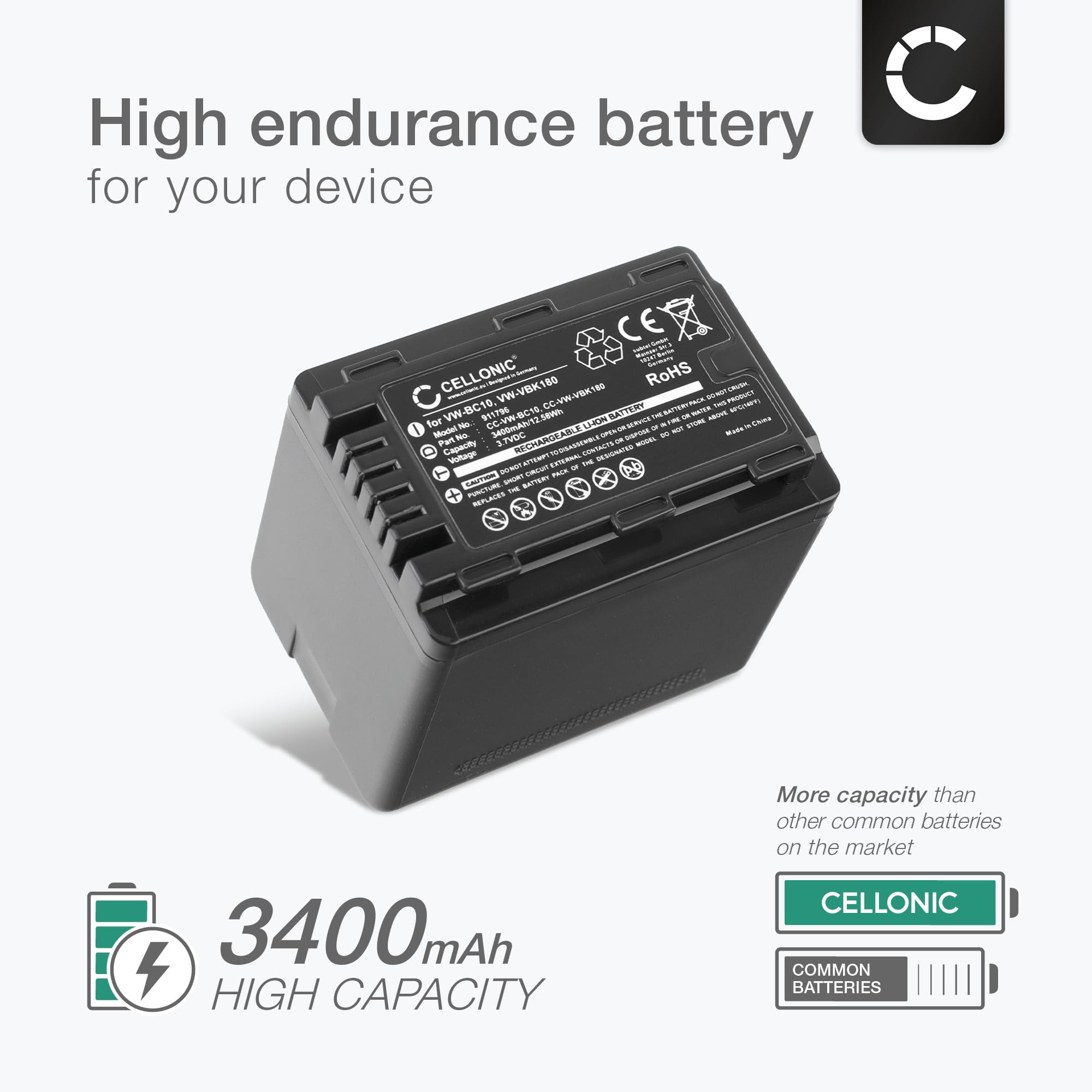 CELLONIC 1x Batteria per Fotocamera Compatibile con Nokia 3650, Compatibile con Panasonic HC-VX870, HDC-SD40, VW-VBK180 – (3400mAh, 3.7V)