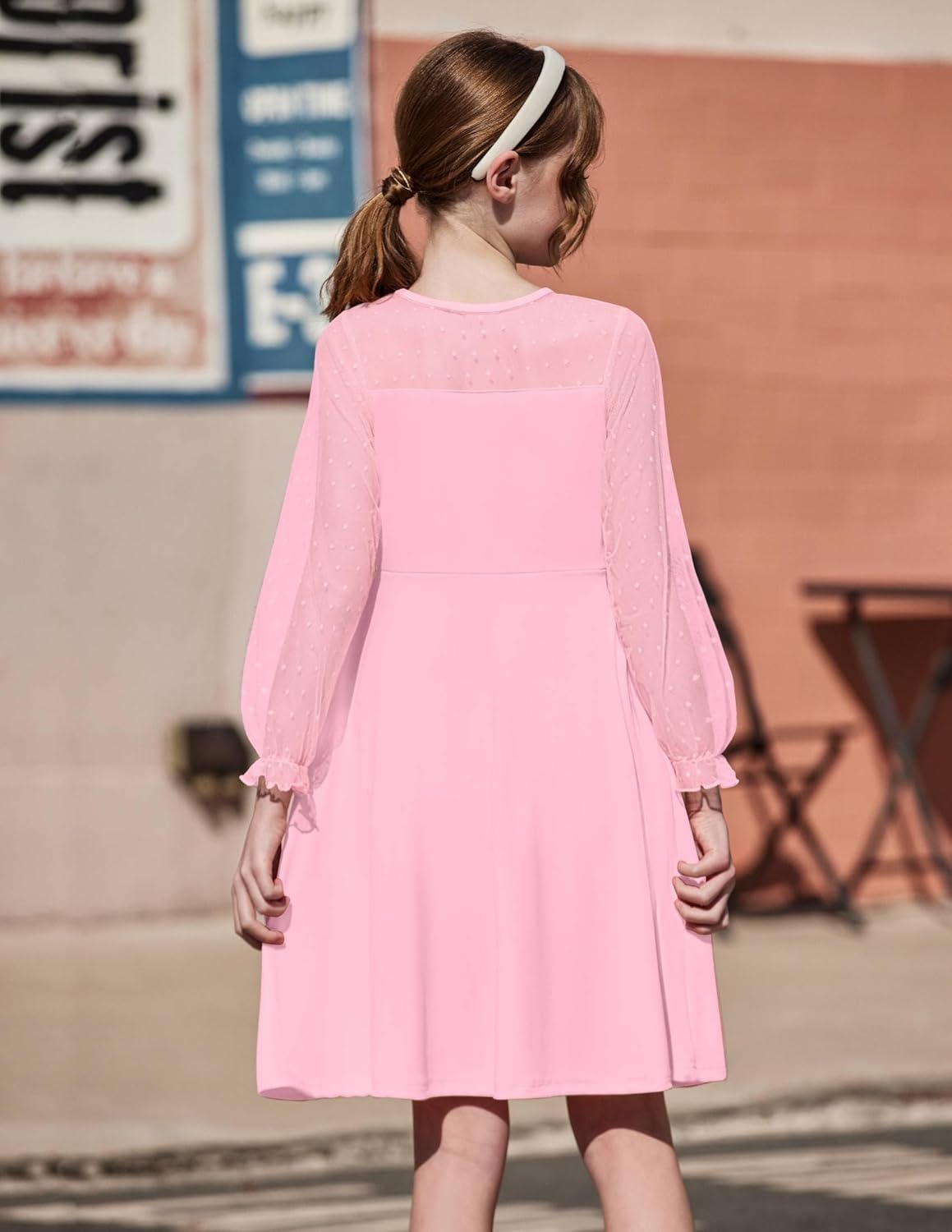 Arshiner Girl's Contrast Mesh Puff Long Sleeve High Waist A Line Short Dress with Pockets for 6-13 Years - Image 4