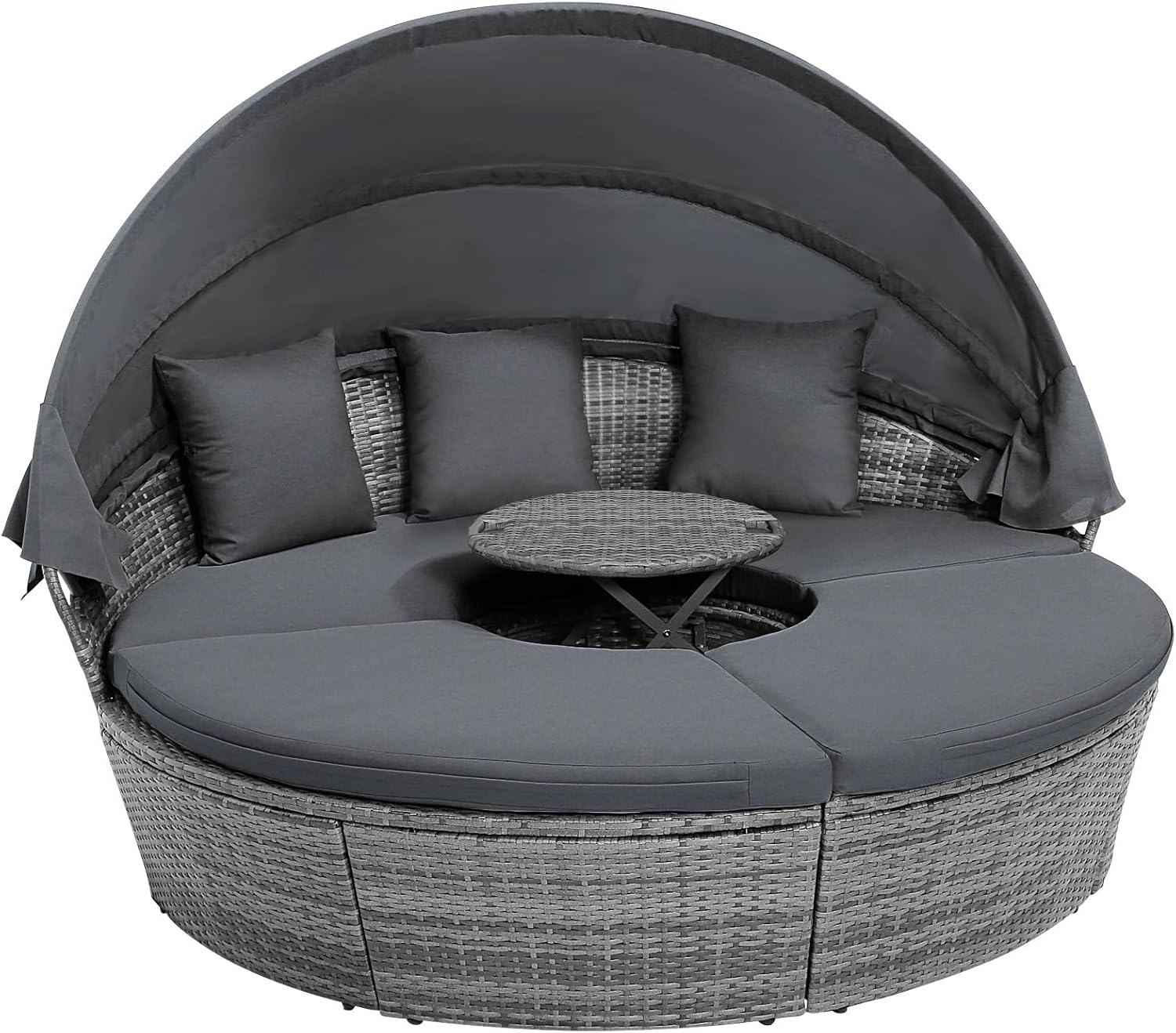 RELAX4LIFE Round Outdoor Daybed with Canopy, Rattan Wicker Sectional Sofa Set w/Cushions, Height Adjustable Table, Conversation Bed Lounger Separated Seating for Outside Pool, Patio Daybed (Grey)