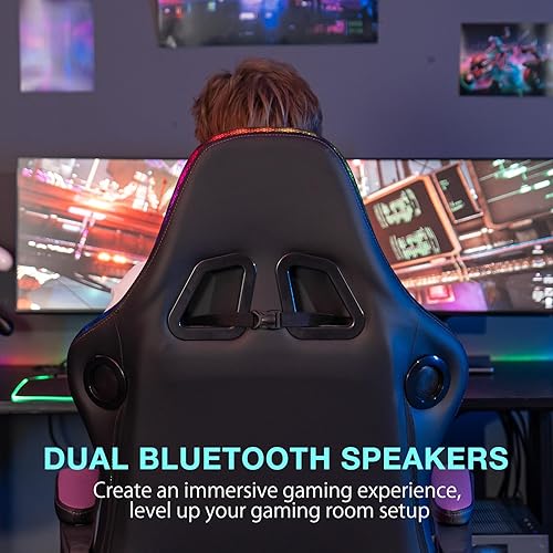 Miniatura 5 de HOFFREE Silla LED para juegos de masaje con altavoces, silla de videojuegos grande y alta con reposapiés para 400 libras reclinable, respaldo alto