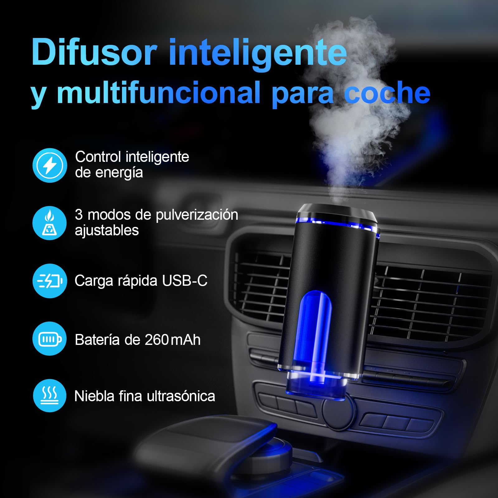 Ambientadores Coche con 3 Aceites Esenciales, Ambientadores de Larga Duración, Difusor de Aroma Recargable para Coche y Perfume Casero a Elegir, Encendido y Apagado Automático Inteligente