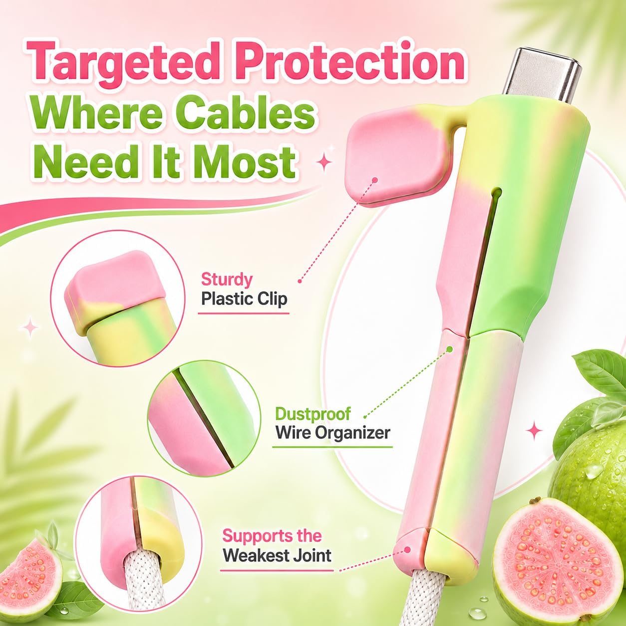 2PCS Charger Cable Protector Guava Pink & Green - 2026 Upgrade Silicone Non-Slip Cord Saver Compatible with Lightning & USB-C Type-C Cables, 2-in-1 Dustproof Wire Organizer and Protection