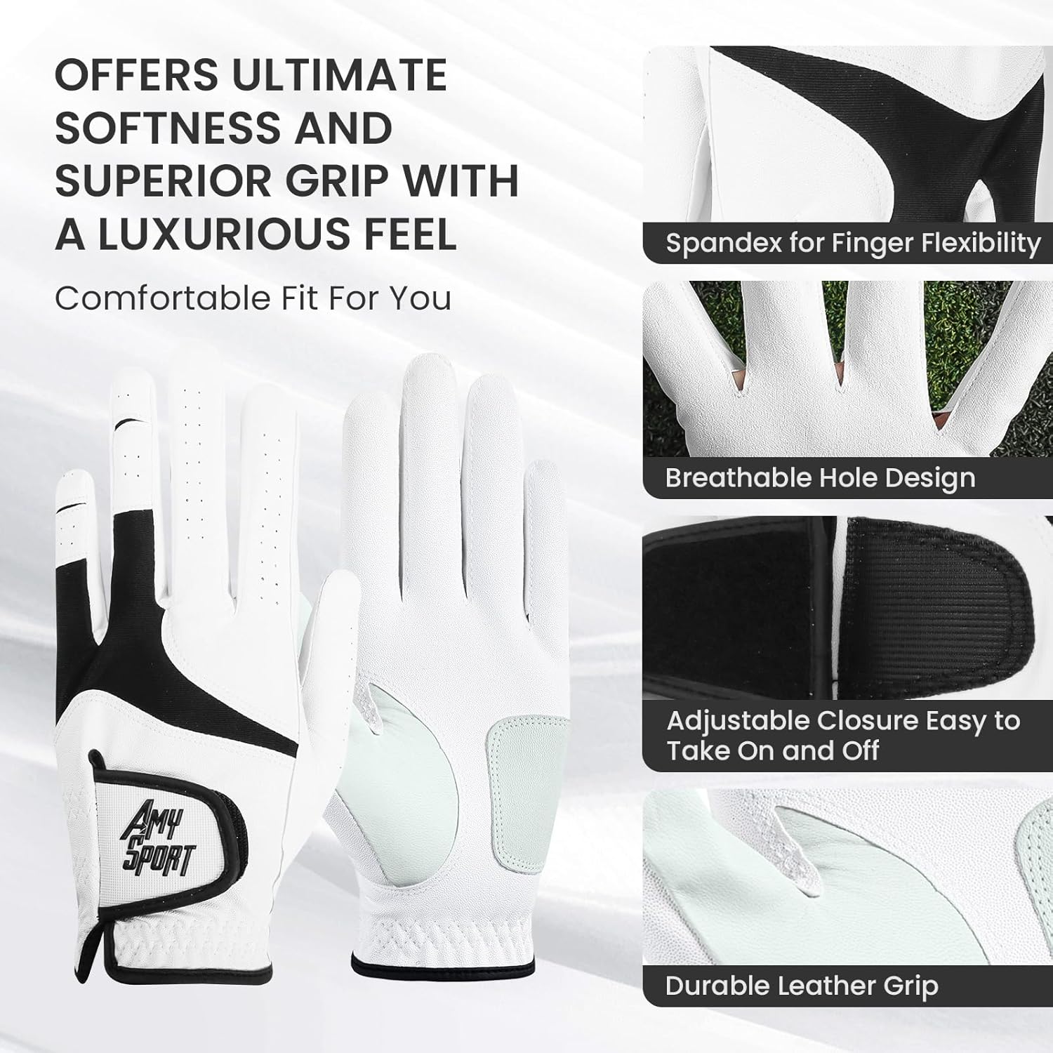 Amy Sport Golf Gloves Men Leather Left Hand for Right Handed Golfer Value 1 or 2 Pack, Mens Golf Glove for All Weather Grip Comfortable, Pro Design Fit Small Medium ML Large XL - Image 2