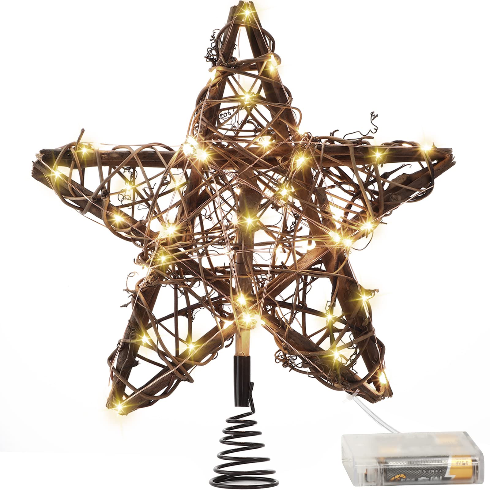 Christmas Star Tree Toppers Rattan Natural Xmas Tree Topper Lighted with 10 Inch 50LED Warm White Lights, Rustic Star Treetop for Christmas Tree Ornament Indoor Party Christmas Decoration