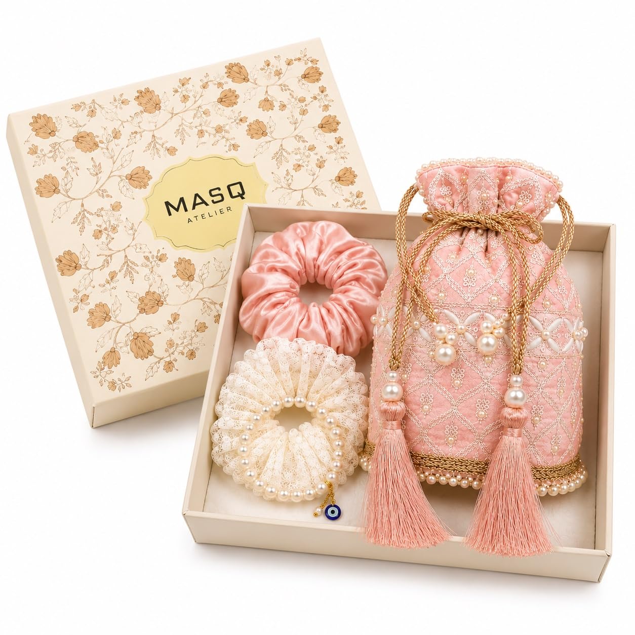 by Q-One Luxury Rakhi Gift Hamper for Her | Embroidered Potli Bag, Floral Scrunchies, Pearl Bracelet | Premium Gift Box for Women, Girls & Sister | Raksha Bandhan Special | Made In India-image-10