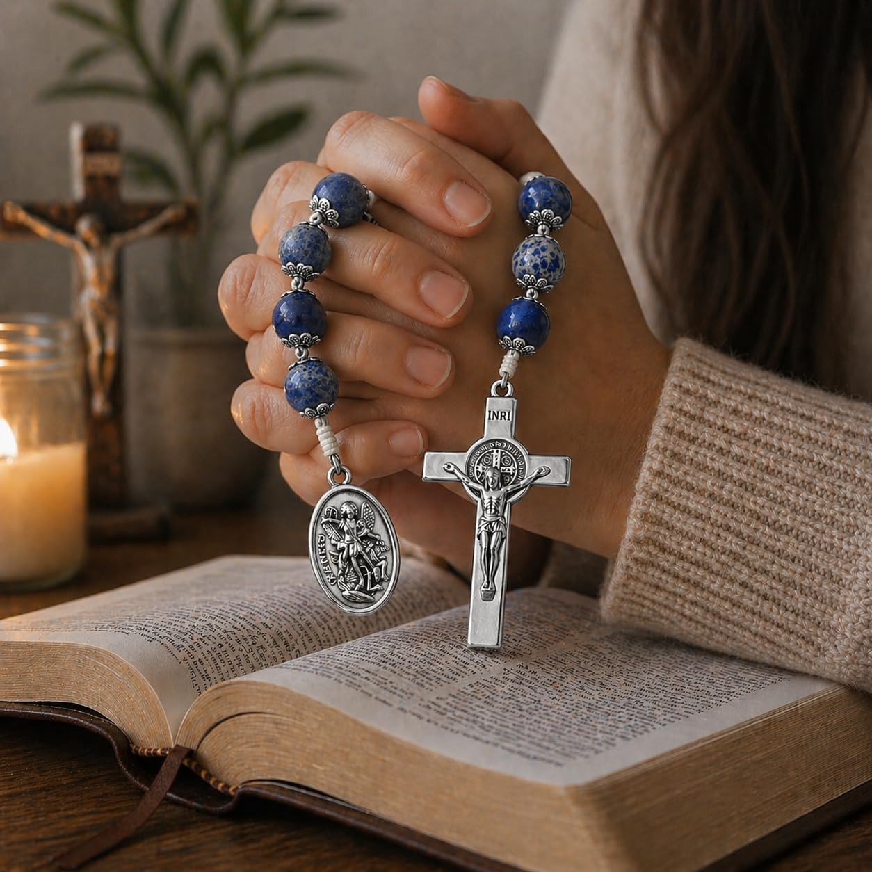 TALISMAN4U Catholic Pocket Rosary 10mm Natural Stone Beads St Michael Medal | 9 Prayer Beads Chaplet, St Benedict Crucifix, Guardian Angel, Holy Land Gift, Velvet Pouch