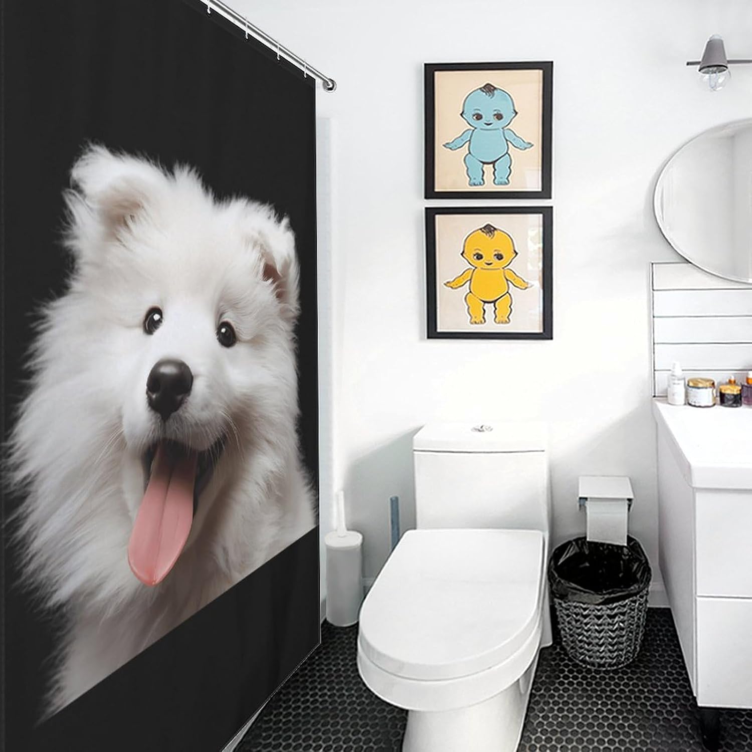 Fluffy Samoyed Puppy Fabric Shower Curtain Liner Bath Bathroom | machine washable,with 12 hooks,stainless steel grommets,room divider