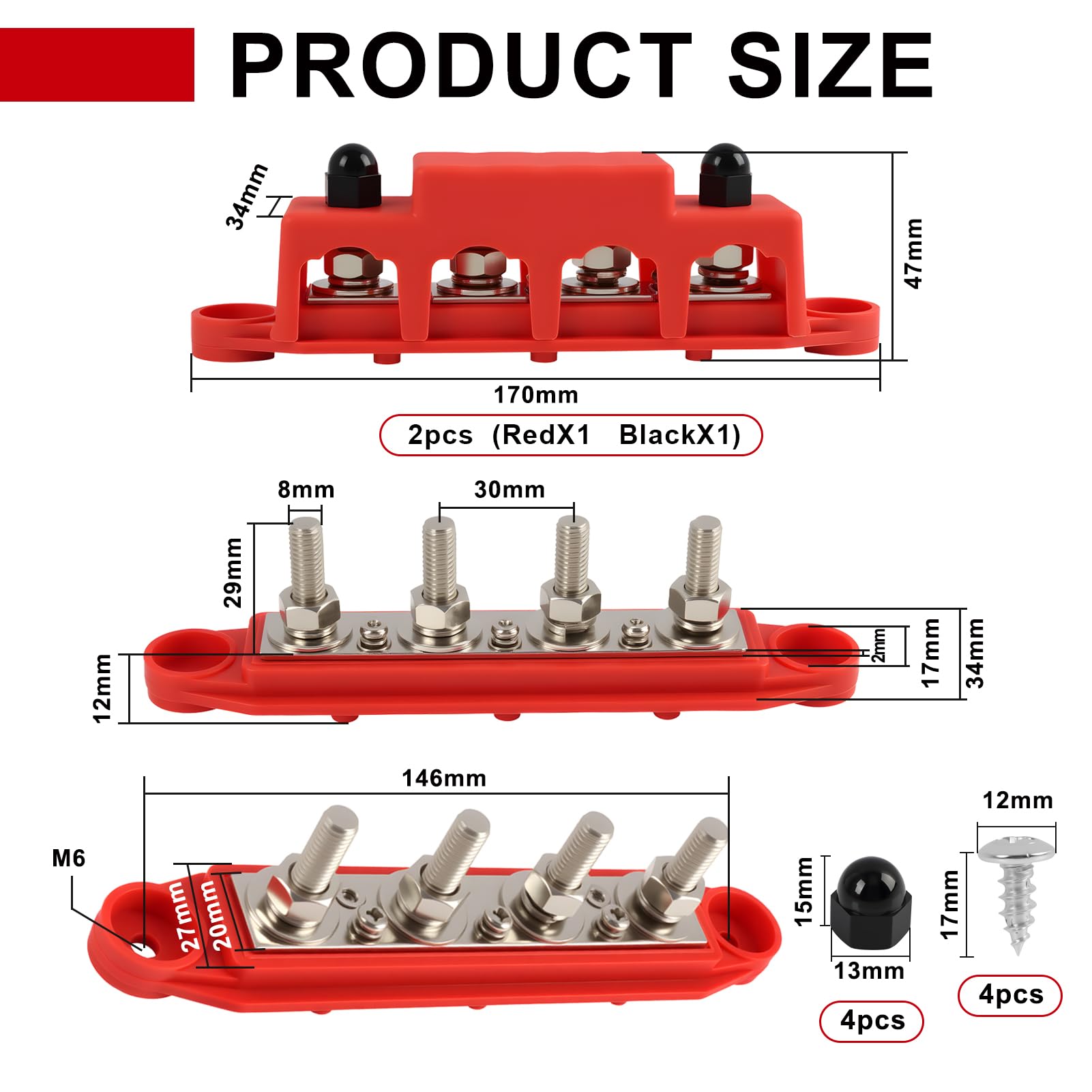 2 piezas 12 V-48 V Barra de distribución de alimentación, 250 A Bloque de terminales eléctrico con 4 x M10 pernos de terminal, bloque de distribución DC, barra colectora M8 con tapa (rojo y negro)