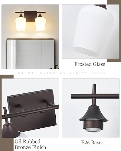 Miniatura 2 de OS-YQ9167-2AW - Lámpara de baño de bronce aceitado, 2 luces de tocador de baño sobre espejo con vidrio de leche, lámpara moderna de pared de baño de