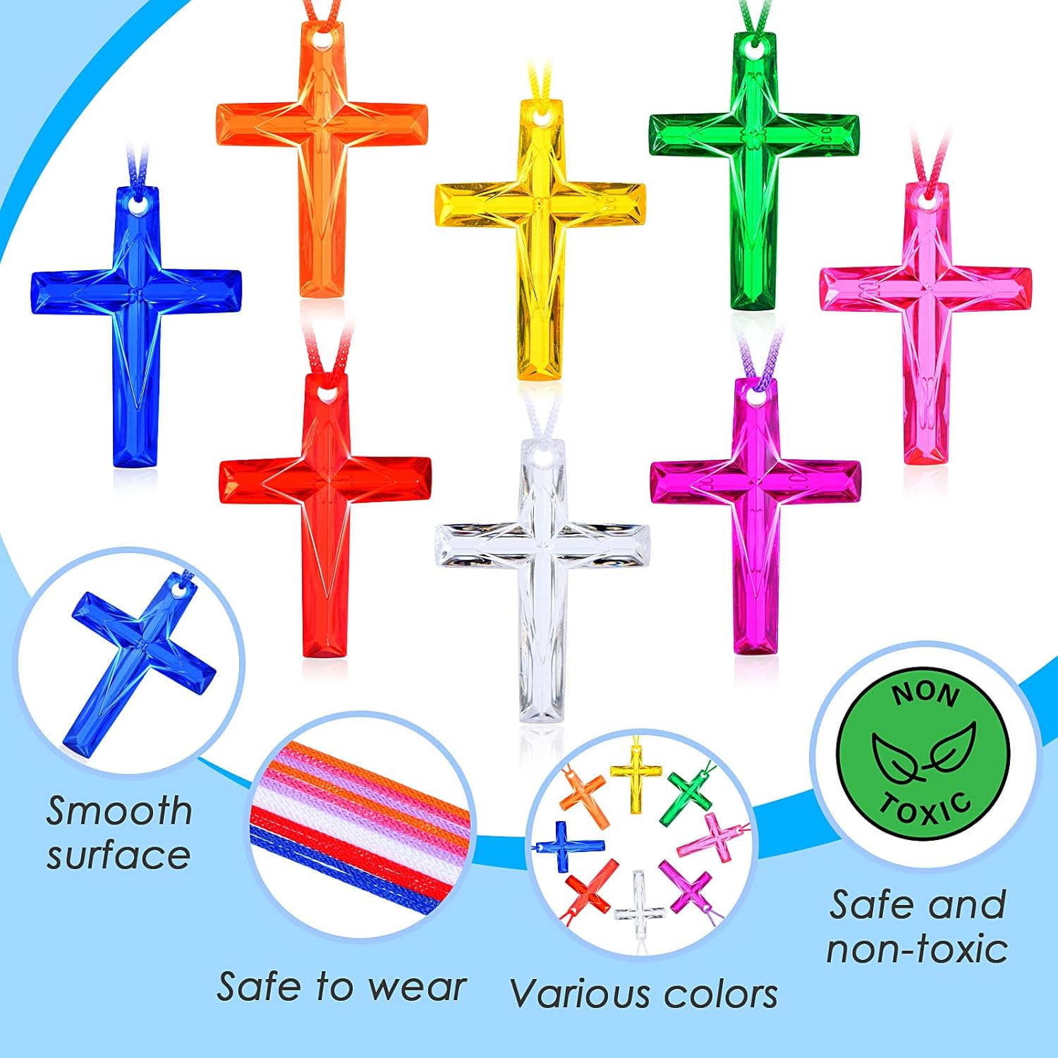 128Pcs Plastic Cross Necklace, 8 Colors Crystal Cross Necklace, Bulk Christian Religious Party Favors,Birthday Gifts for Easter Vacation Sunday School Church(Transparent Color) - Image 3