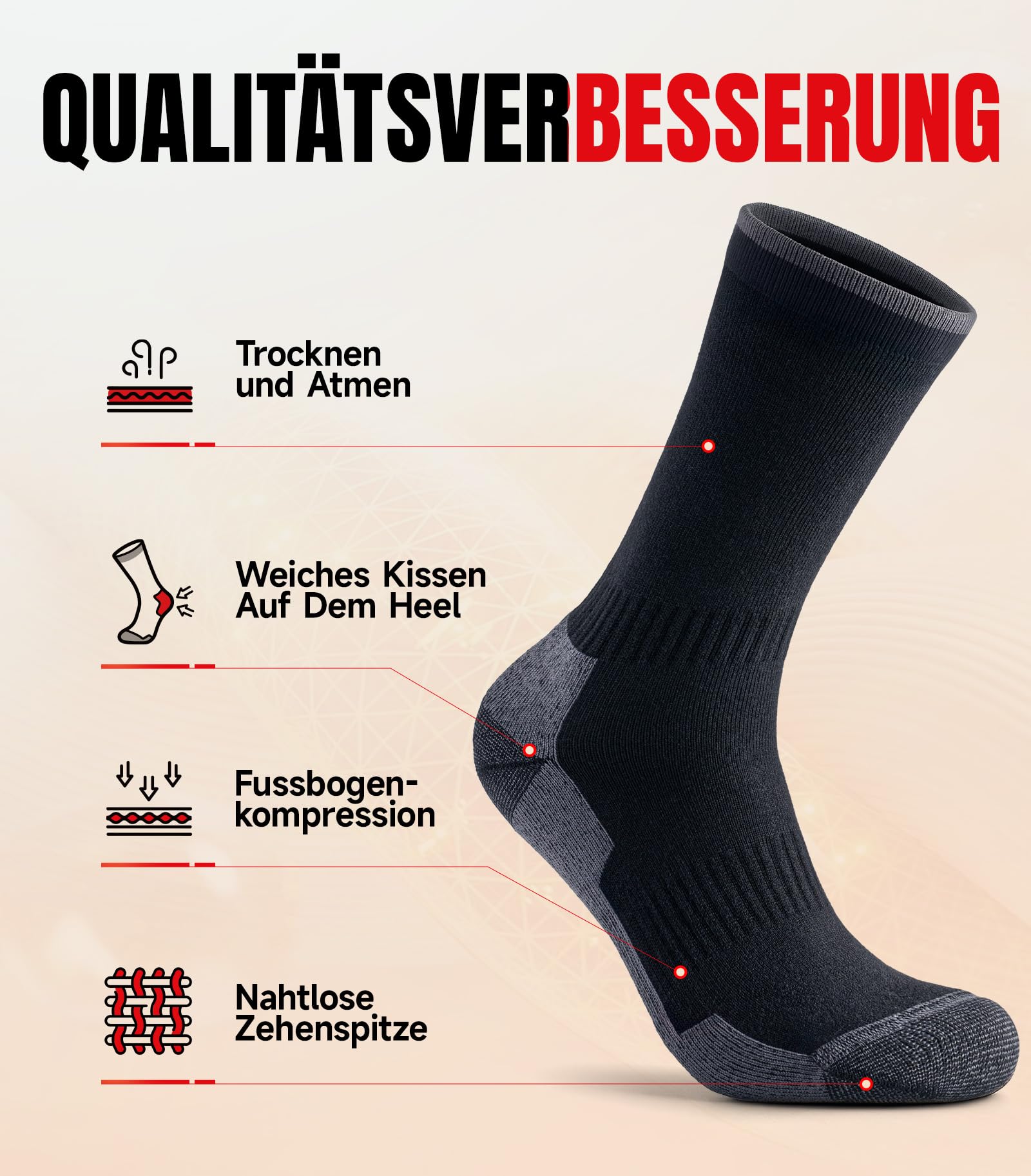 PULIOU Wandersocken Merino Socken Herren Damen, Outdoor & Trekking-Socken, Anti-Blasen, Gepolstert Arbeitssocken Laufsocken Sportsocken (3 Paar)