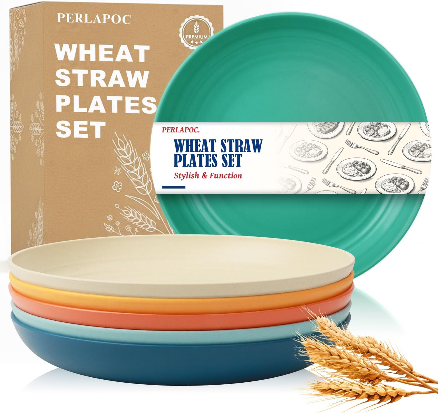 Wheat Straw Plates, 9 in Deep Dinner Plates Set of 6, Alternative Plastic Plates Reusable, Unbreakable Microwave and Dishwasher Safe Kids Plate for Kitchen, Camping, Multi