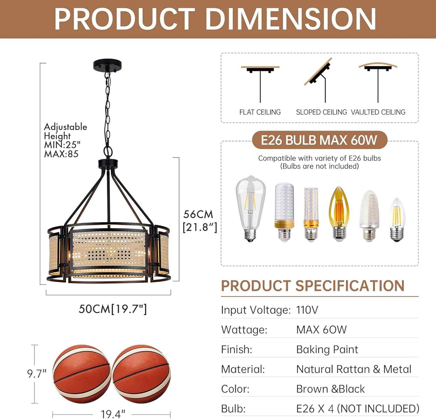 KSRYSZCQ 20" Hand-Woven Rattan Chandelier 4-Light Farmhouse Boho Bamboo Chandeliers Light Fixture Rustic E26 Drum Wicker Rattan Black Chandelier for Dining Room, Kitchen, Living Room, Bedroom