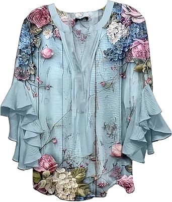 Patterned Boho Tops for Women Linen 3/4 Sleeve Embroidered Blouses 2025 Fall Vintage Western Inspired Anthropologie Clothes Plus Size Retro Bohemian Tunics Shirts Light Blue-3 Large