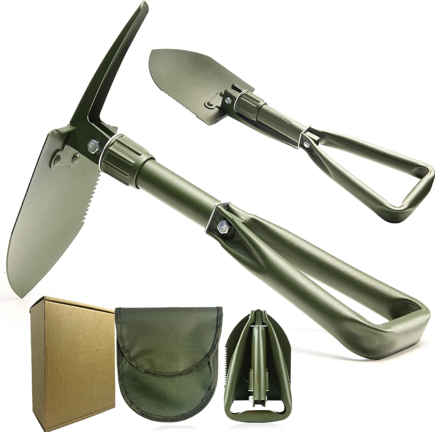 Folding Survival Shovel with Pick, Portable Carbon Steel Tactical Style Entrenching Tool for Snow, Off Road, Camping, Gardening, Beach, Digging (Black)