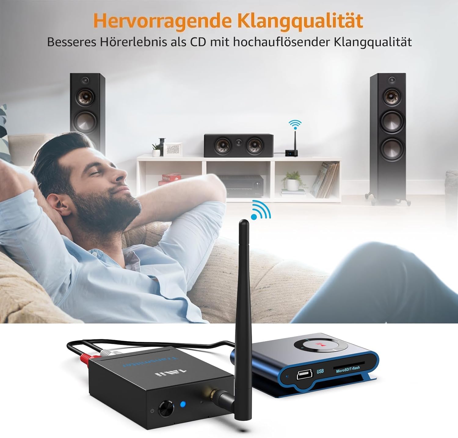 1Mii (1 TX + 1 RX) Drahtlos Audio Sender Empfänger, 2,4 G Funk Übertragung | Low Latency für HiFi-Musik von TV/PC zu Aktivlautsprecher/Verstärker/AV-Receiver, Cinch-Anschluss, 100m Große Reichweite