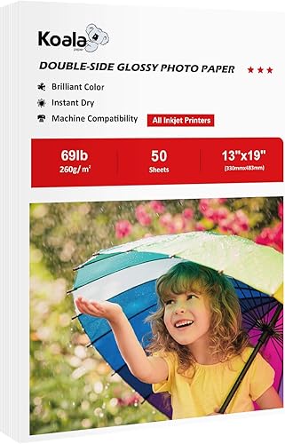 Koala - Papel fotográfico de 13 x 19 pulgadas, pesado de doble cara, alto brillo, 50 hojas de 9.17 oz/m², solo compatible con impresora de inyección