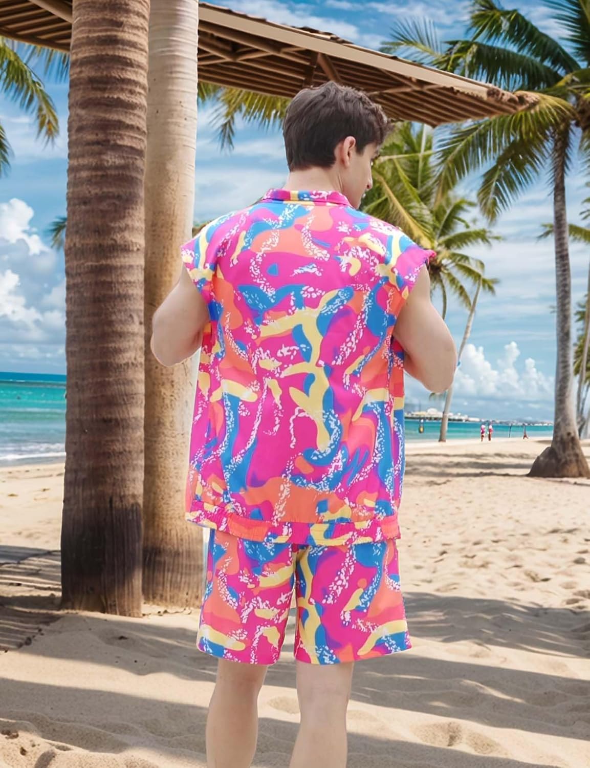 UOUA Men 80s Outfit 90s Costume 2 Piece Shorts Set Themed Party Clothes - Image 4