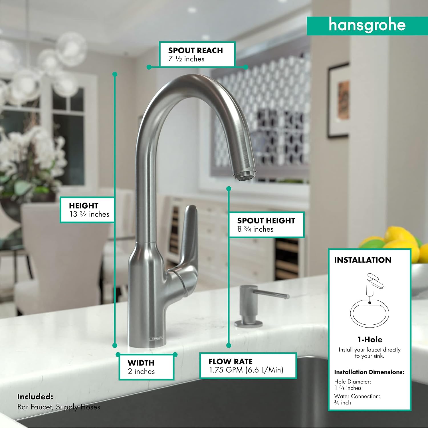 hansgrohe Focus N 14-inch Tall 1-Handle Bar Faucet in Stainless Steel Optic, 71802801