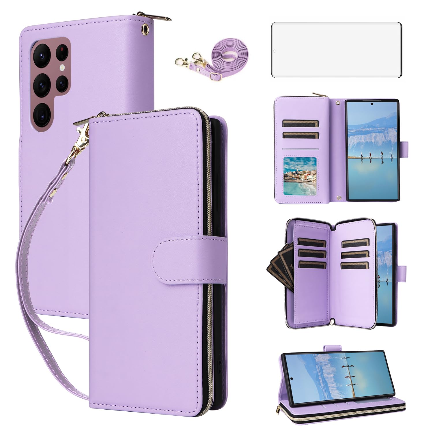 Asuwish Phone Case for Samsung Galaxy S22 Ultra 5G Cover with Tempered Glass Screen Protector and Zipper Wallet Card Holder Slot Stand Flip Cell