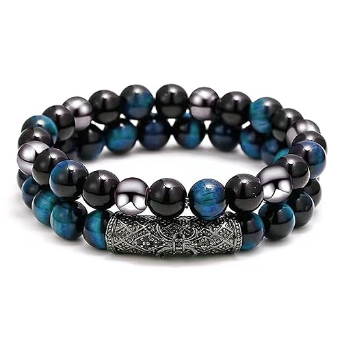 2Pcs Triple Protection Bracelet,Natural Tigers Eye Black Obsidian and Hematite 8 MM Beads Bracelet for Men Women Gift, Healing Crystal Bracelet Bring Luck and Prosperity and Happiness - Lake Blue