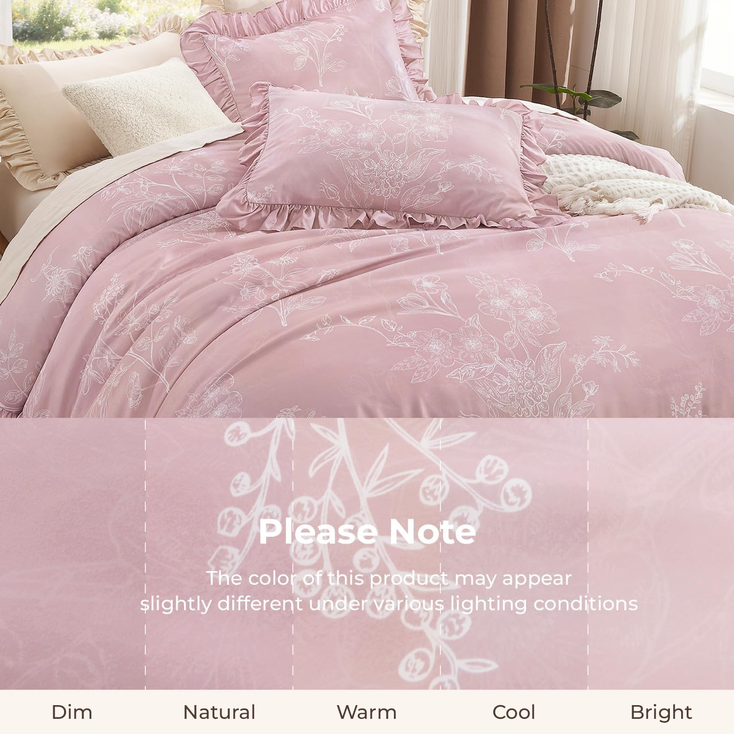 Litanika Full Comforter Set, 3 Pieces Pink White Floral Ruffle Bedding Set | Farmhouse Shabby Chic Aesthetic Soft Fluffy Lightweight Breathable Bed Set for Girls Women Room Decor Gift All Season