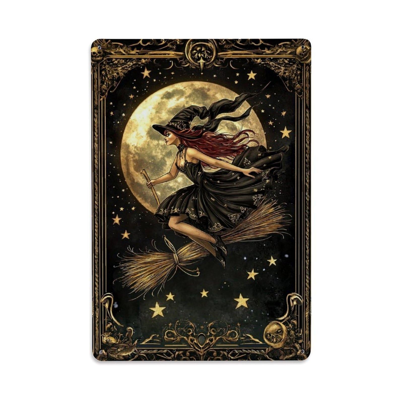 Jdyaojiesheng Vintage Witch Flying On Broom Moon Night Tin Sign Retro Metal Wall Decor Metal Poster, Home Bar Garage Farmhouse Cafe Wall Art Decoration 8X12inches