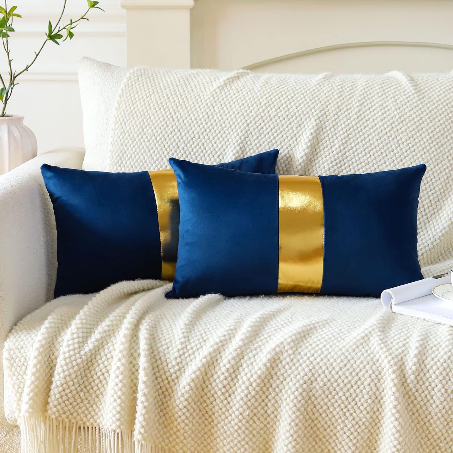 Artscope Navy Blue Velvet Throw Pillow Covers with Gold Leather Stitching Luxury Modern Minimalist Rectangular Pillowcase Cushion Covers for Bed Couch Sofa 16x24Inch Set of 2 image 2