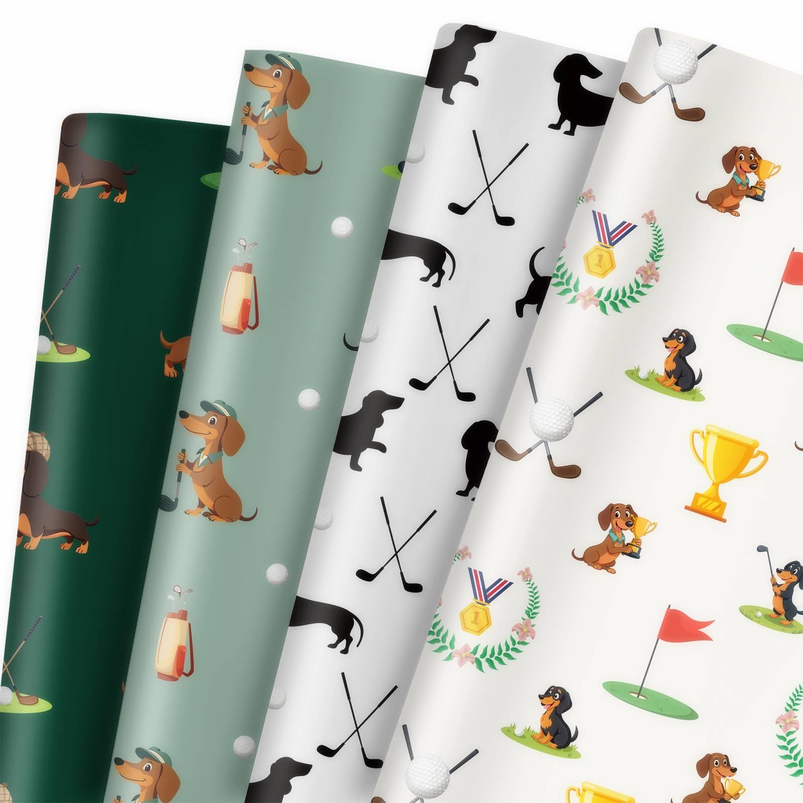 GleeWrap Golf Dachshund Wrapping Paper, 12 Sheets Sausage Dog Gift Wrap for Golf Themed Gifting, Birthdays & Celebration, 50x70cm
