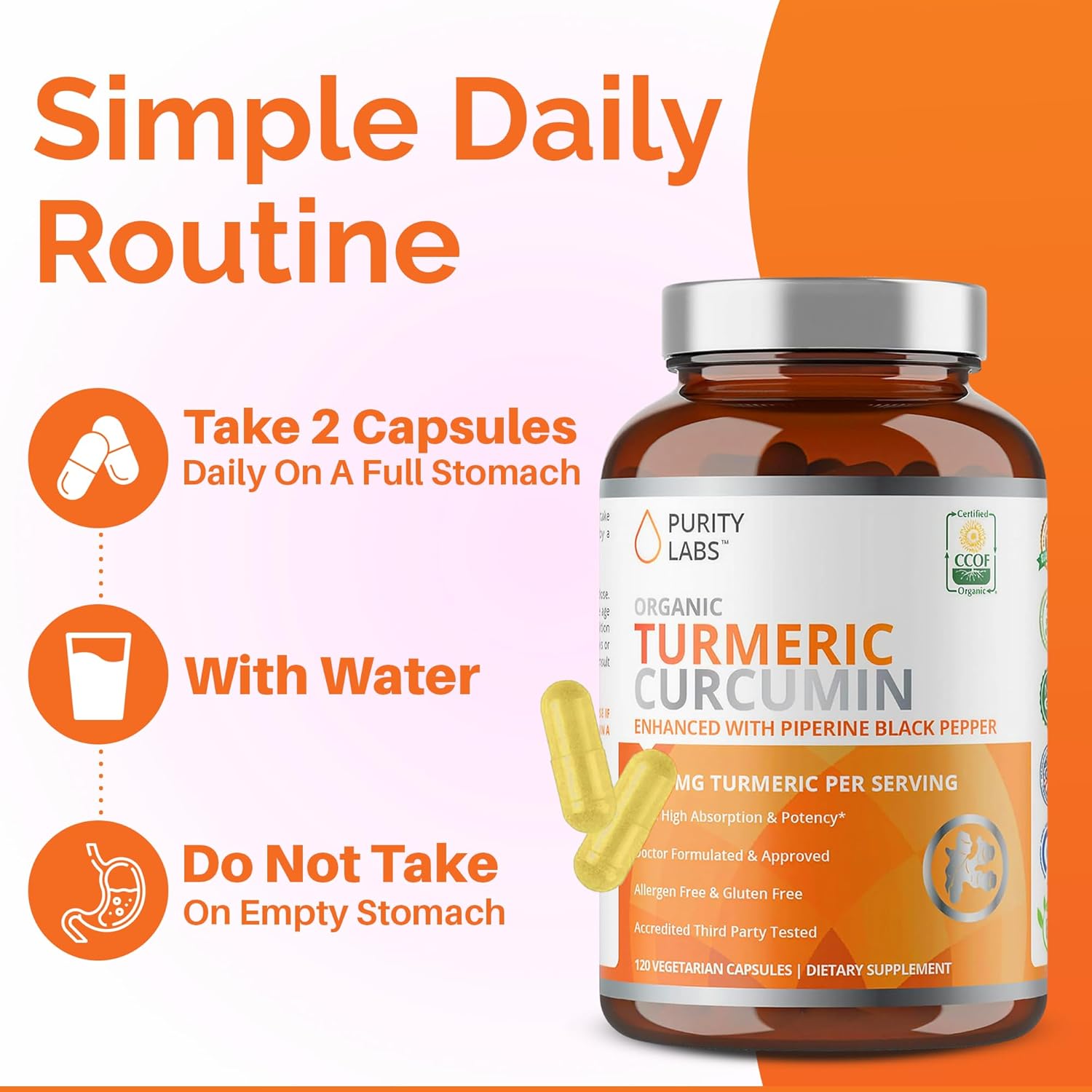 Organic Turmeric Curcumin Capsules with Black Pepper & Organic Ginger, 95% Curcuminoids, High Potency Turmeric Supplement for Joint Support & Inflammation, 120 Vegetarian Capsules