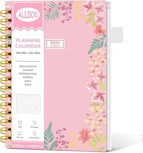 ALLGOD Agenda semanal y mensual 2024 con espiral para mujer, enero de 2024 a diciembre de 2024, agenda anual 2024, agenda diaria con pestañas