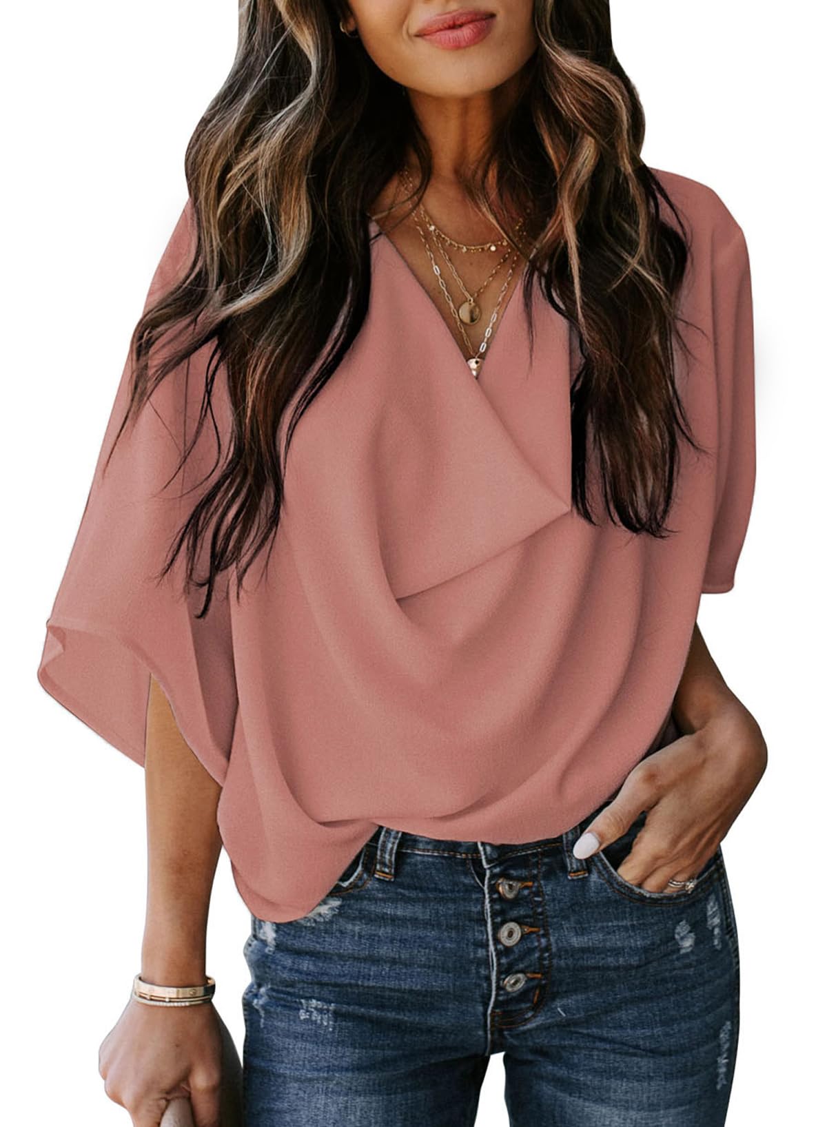 Dokotoo Womens 3/4 Sleeve V Neck Wrap Draped Front Blouses Tops