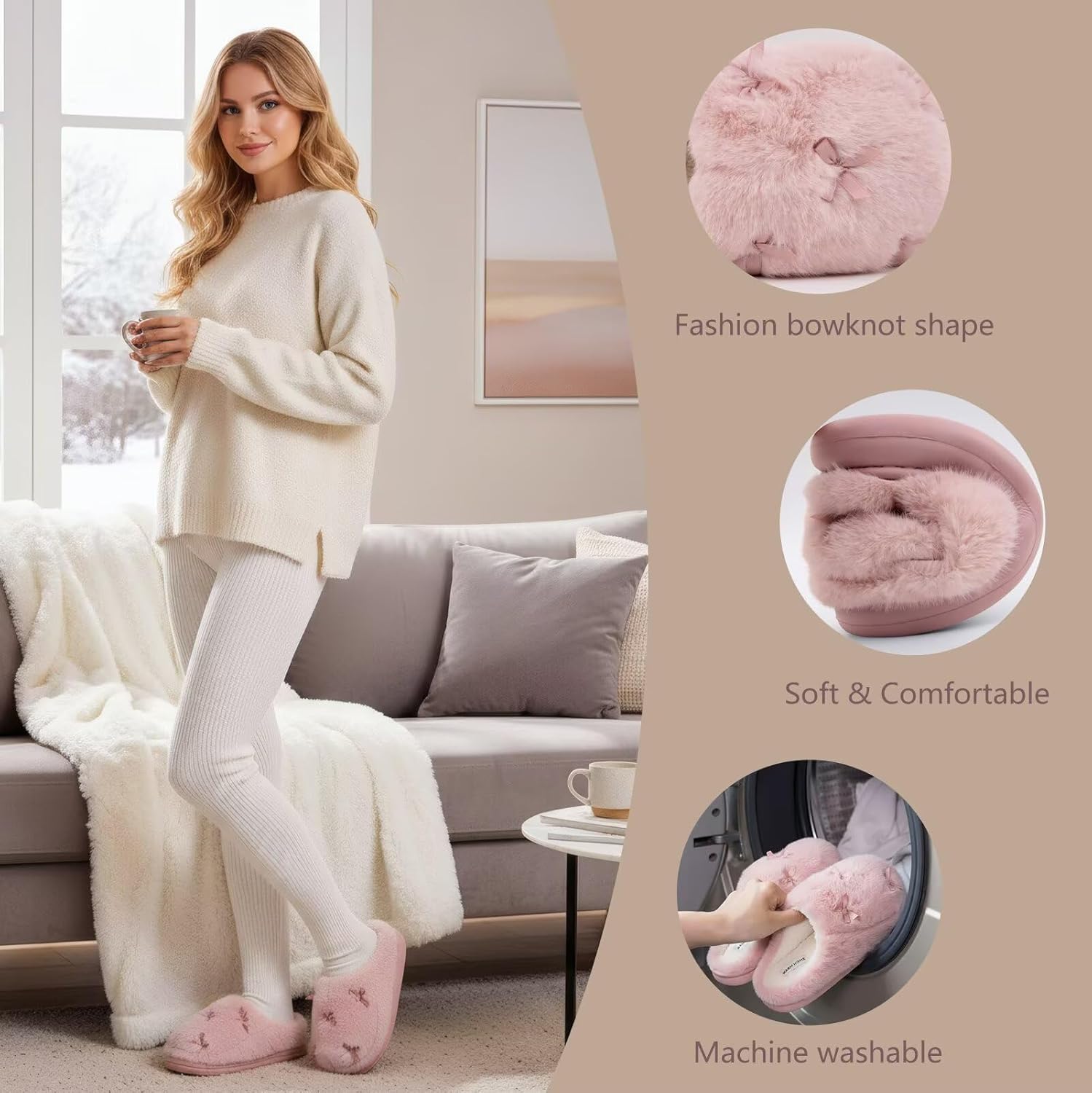 ADAX Fuzzy Slippers for Women Cozy Plush House Shoes with Memory Foam,Winter Warm Faux Fur Lining & Bow Accent Slippers with Non Slip Outsole for Indoor Outdoor Use - Image 5