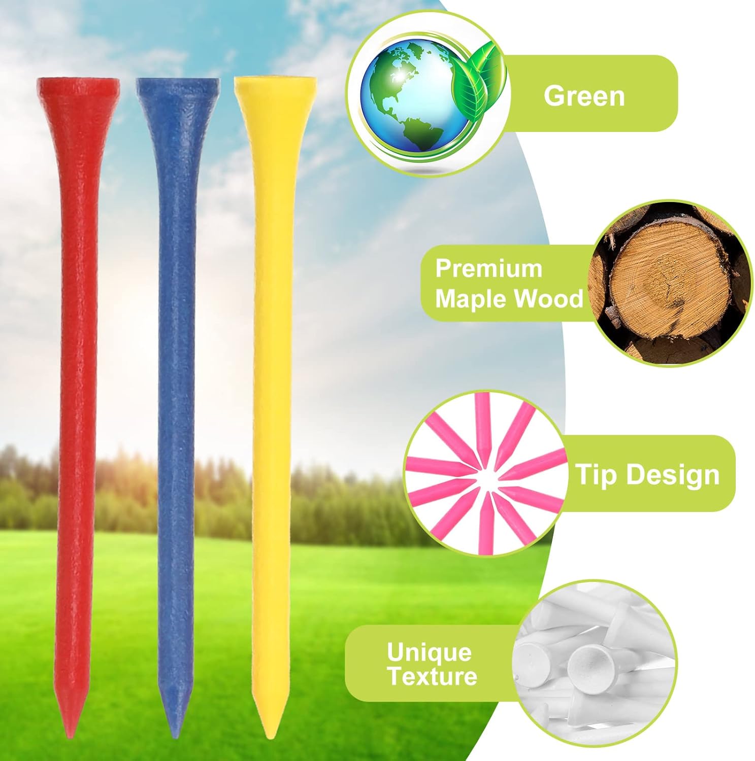 Vinsot Wood Golf Tees Bulk 3-1/4 Inch Unbreakable Long Colored Tall Golf Tees Reduce Friction Side Spin More Stable