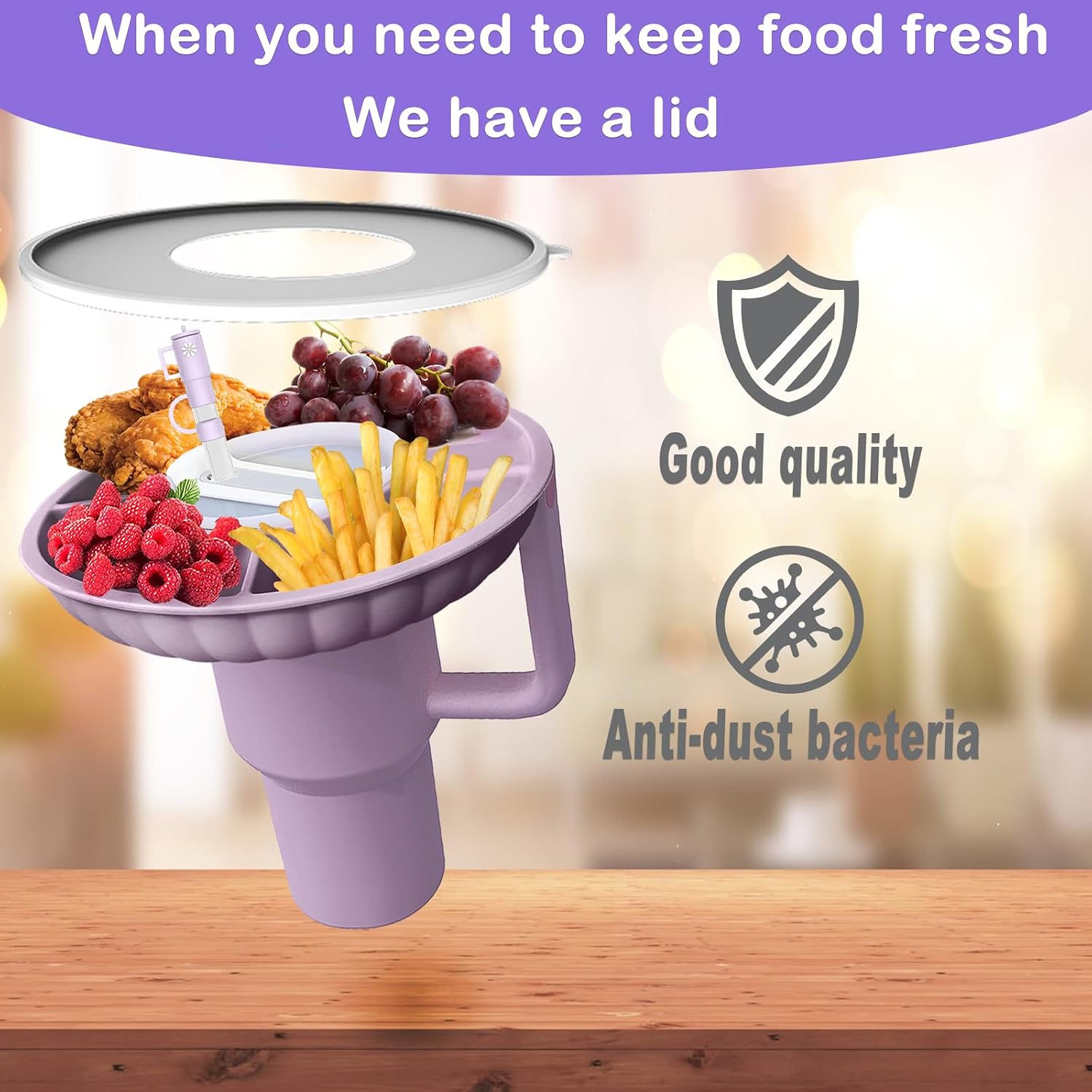 Stanley Snack Tray with Lid and Straw Covers Cap，Compatible with Stanley Cup 40 oz, Stanley Cup Accessories for Car Cup Holder, Home, Party,Outdoor，Silicone Snack Bowl Purple
